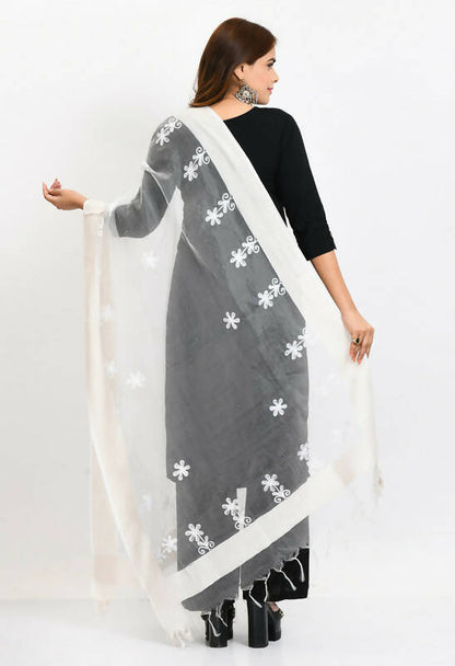 Mominos Fashion Moeza Women's Orgenza All Over Chikan Work White Dupatta