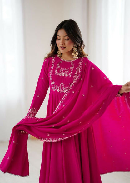 Joban Fashion Dark Pink Kurta Set Chanderi Sequence Embroidery Work
