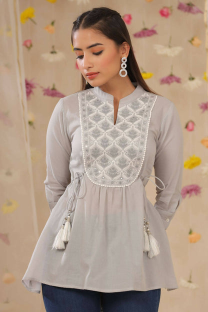 Juniper Women Grey Cotton Moss Embroidered A-Line Tunic