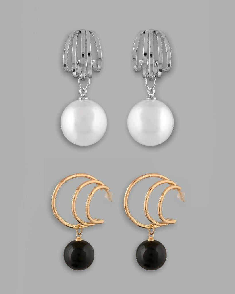VOJ Set Of 2 Korean Drop Earrings - Gold-Polished With Black Pearl and Silver Plated With White Pearl Earrings