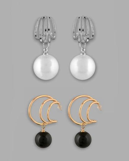 VOJ Set Of 2 Korean Drop Earrings - Gold-Polished With Black Pearl and Silver Plated With White Pearl Earrings