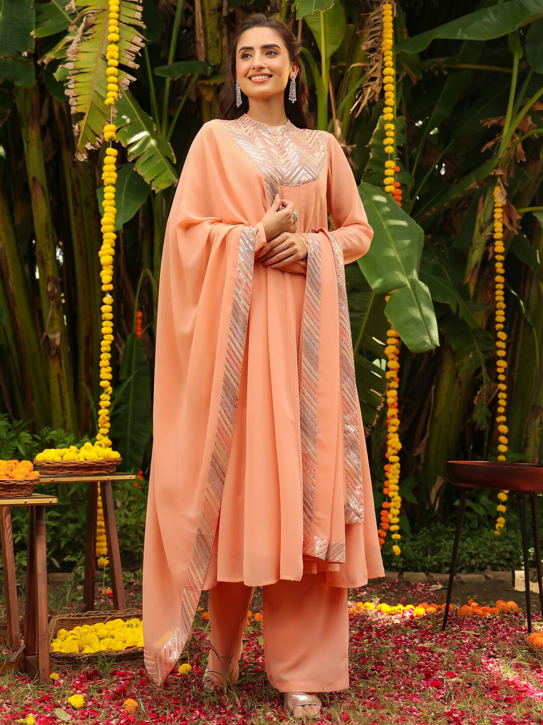 Janasya Peach Georgette Sequined Kurta,Bottom & Dupatta