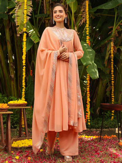 Janasya Peach Georgette Sequined Kurta,Bottom & Dupatta