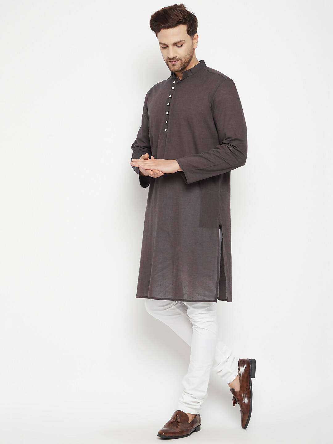 Even Apparels Brown Pure Cotton Long Men's Kurta With Band Collar