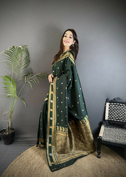Joban Fashion Dark Green Banarasi Soft Silk Woven Saree