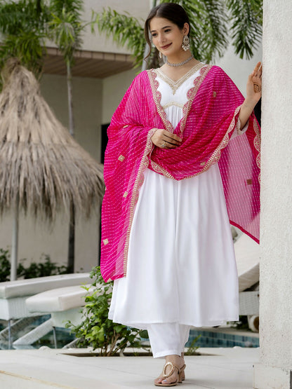 The52 White Women's Gorgeous Embroidered Chanderi Fabric Straight Kurta, Pant and Dupatta Set