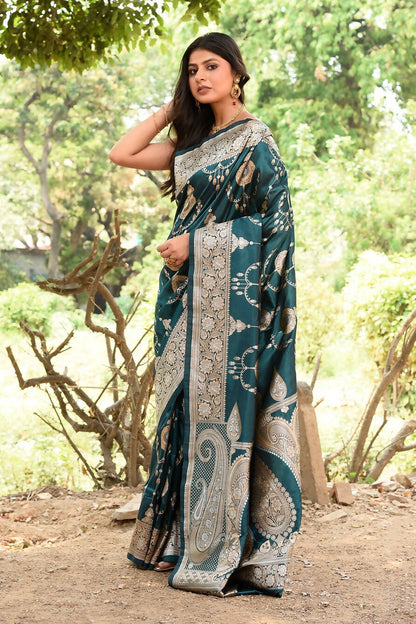Joban Fashion Green Banarasi Soft Pure Handloom Banarasi Silk Saree