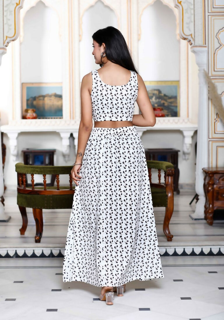 Miravan Women's White Animal Print Round Neck Top With Side Slit Skirt Co-Ord Set