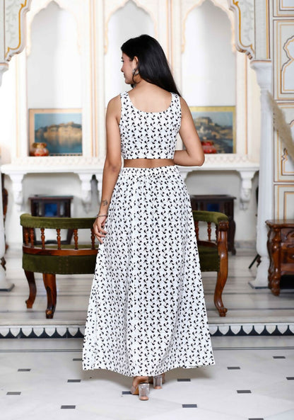Miravan Women's White Animal Print Round Neck Top With Side Slit Skirt Co-Ord Set