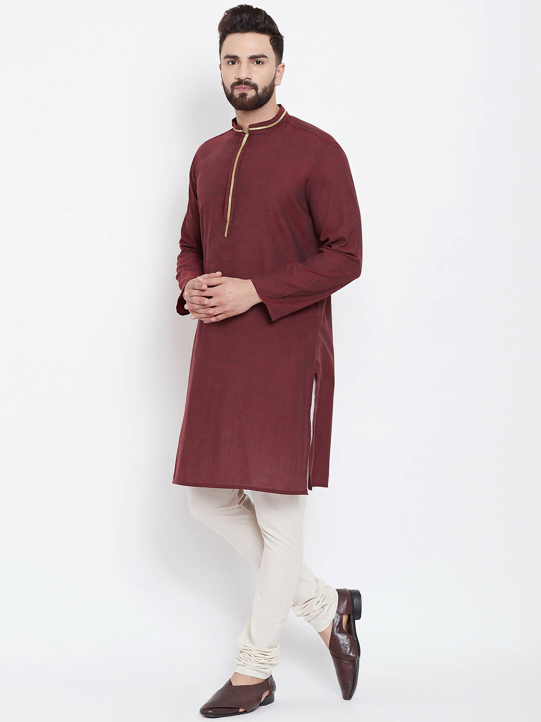 Even Apparels Maroon Pure Cotton Men's Kurta With Band Collar
