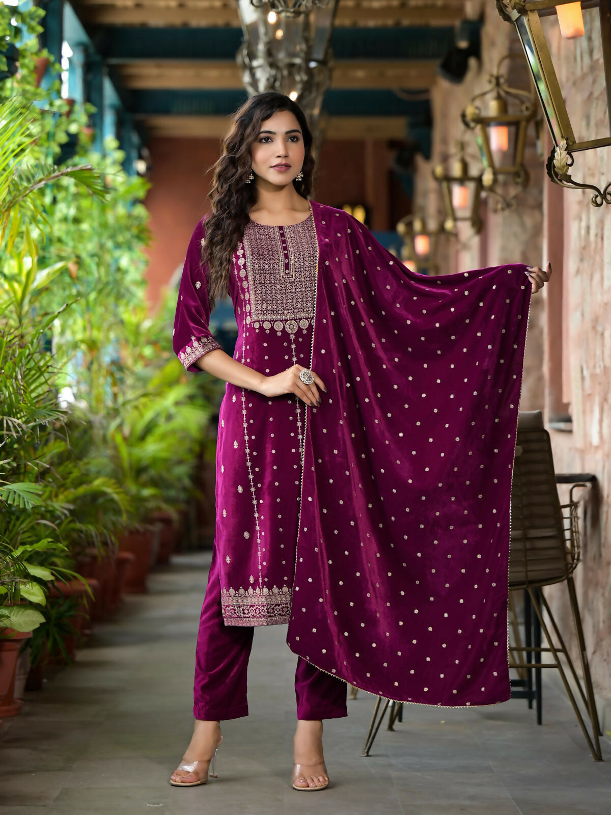Juniper Women's Wine Ethnic Motif Printed Velvet Kurta Set With Lace
