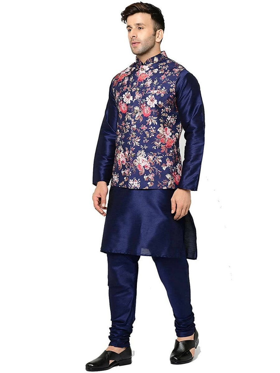 ABH Lifestyle Men's Silk Navy Blue Kurta Pyjama & Printed Nehru Jacket