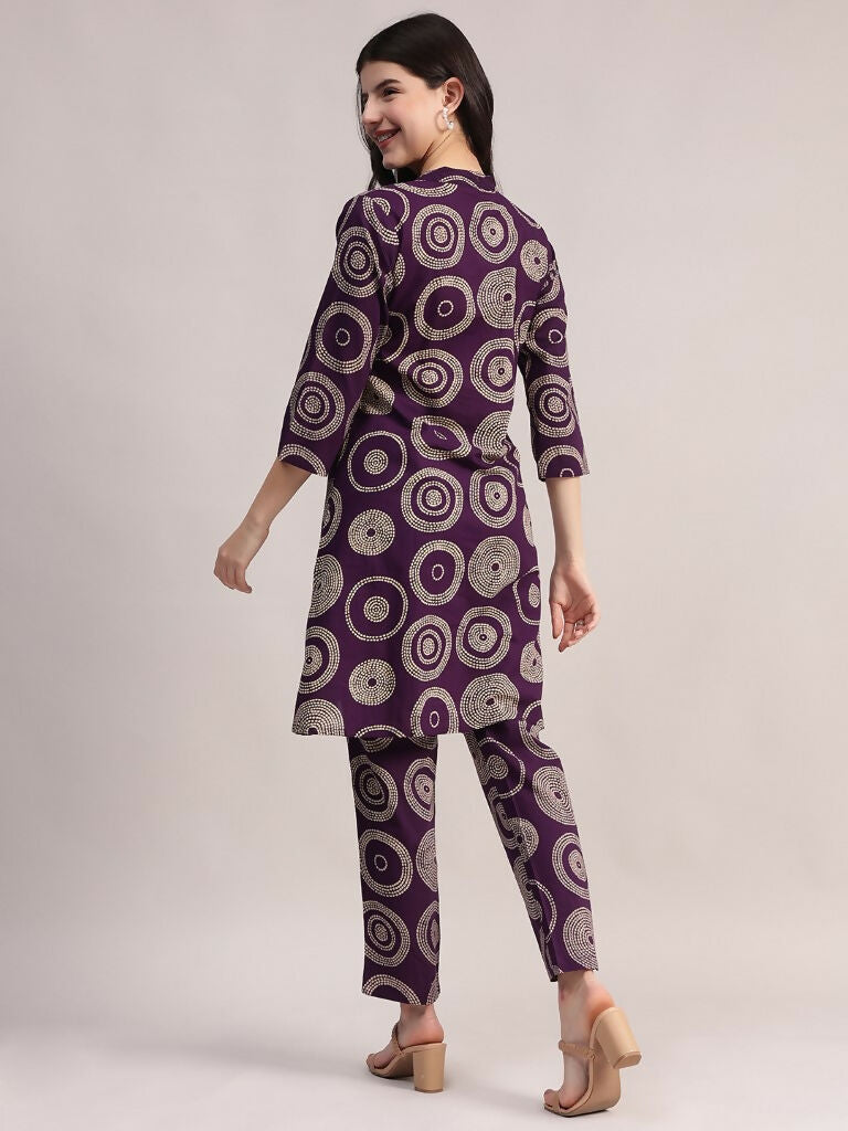 Aavyora Women's Purple Abstract Printed Pure Cotton Co-ord Set