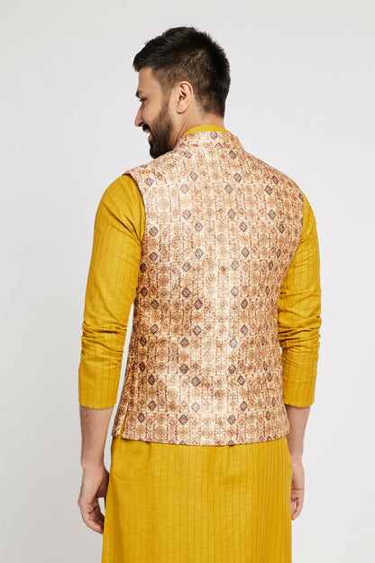 Ethnic India Cream Bundi Men's Jacket Abstract Polyester