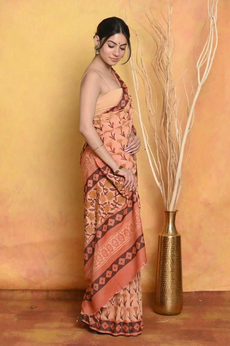Very Much Indian Designer Modal Silk Saree With With Beautiful Floral Print - Light Orange