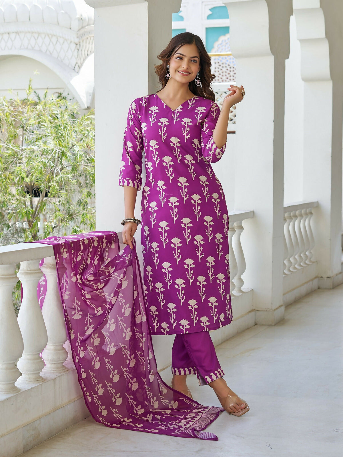 The52 Wine Women's Beautiful Cotton Blend Fabric Printed Work Straight Kurta, Pant and Dupatta Set
