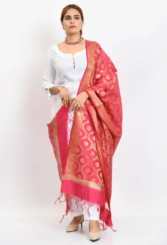 Mominos Fashion Moeza Women's Banarsi Silk All Over Woven Design Pink Dupatta