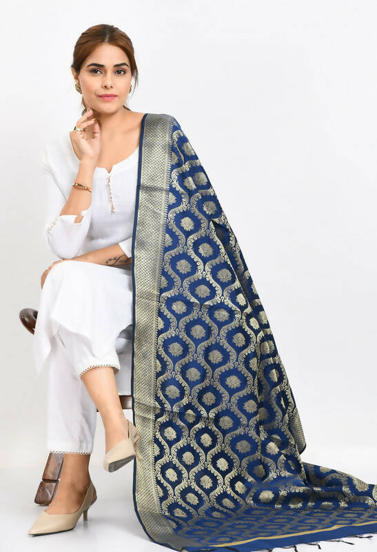 Mominos Fashion Moeza Women's Banarsi Silk All Over Woven Design Navy Blue Dupatta