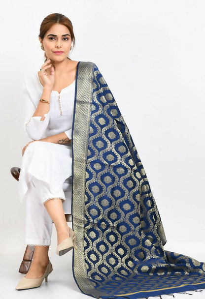 Mominos Fashion Moeza Women's Banarsi Silk All Over Woven Design Navy Blue Dupatta