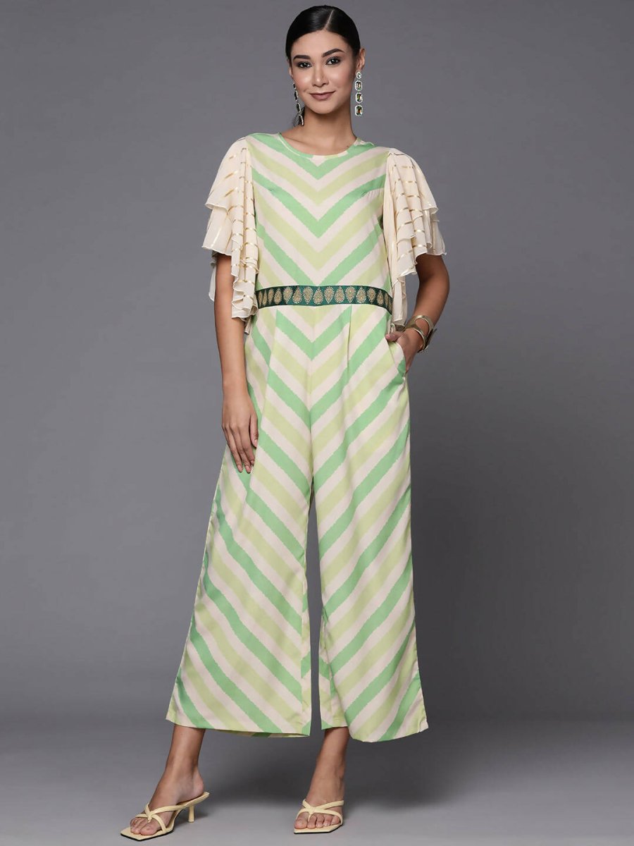 Ahalyaa Off White & Green Zig Zag Print Basic Jumpsuit
