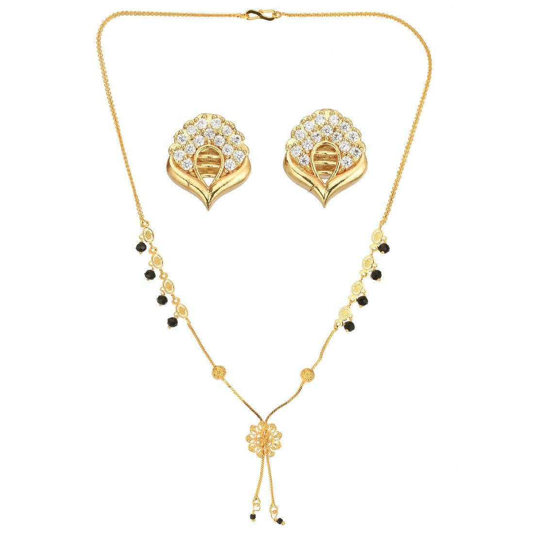 AanyaCentric Gold-Polished Short Mangalsutra Set with Earrings