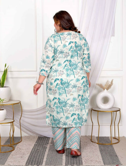 Miravan Women's Plus Size Cotton Light Green Scenic Birds And Leaf Floral Printed Straight Pakistani Style Kurta And Palazzo