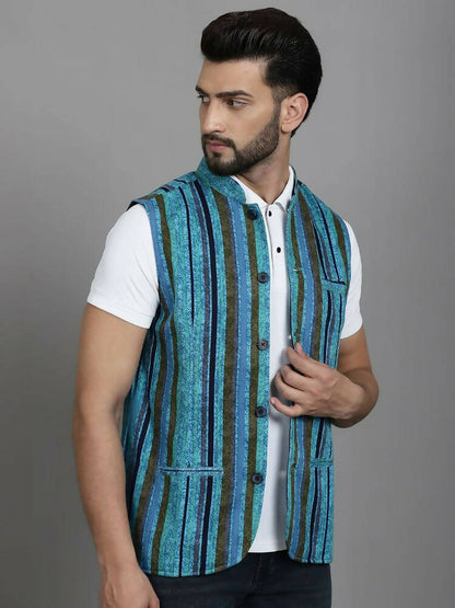 Even Apparels Nehru Jacket With Welt Pockets - Blue