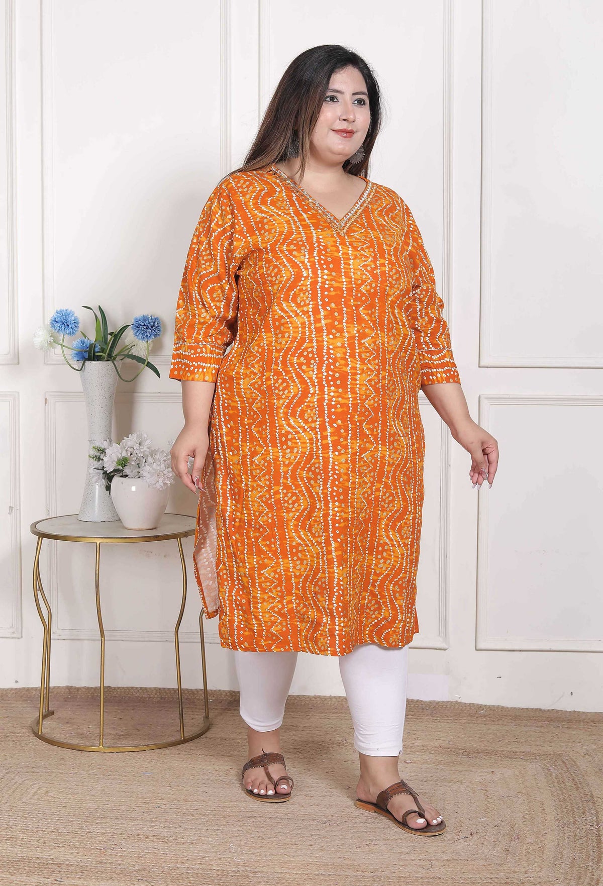 Miravan Women's Plus Size Yellow Bandhani Printed Straight Kurta