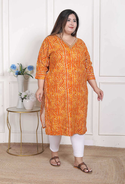 Miravan Women's Plus Size Yellow Bandhani Printed Straight Kurta