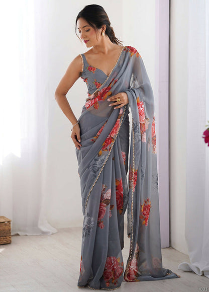 Traditional Partywear Grey Georgette Fancy Saree-Pavitra