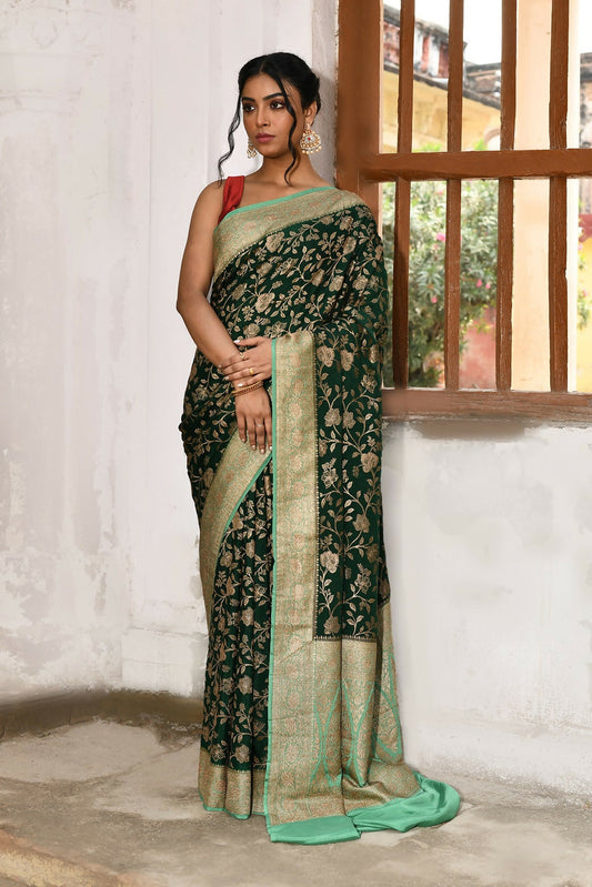 Joban Fashion Emerald Green Crepe Chiffon Pure Handloom Banarasi Silk Saree