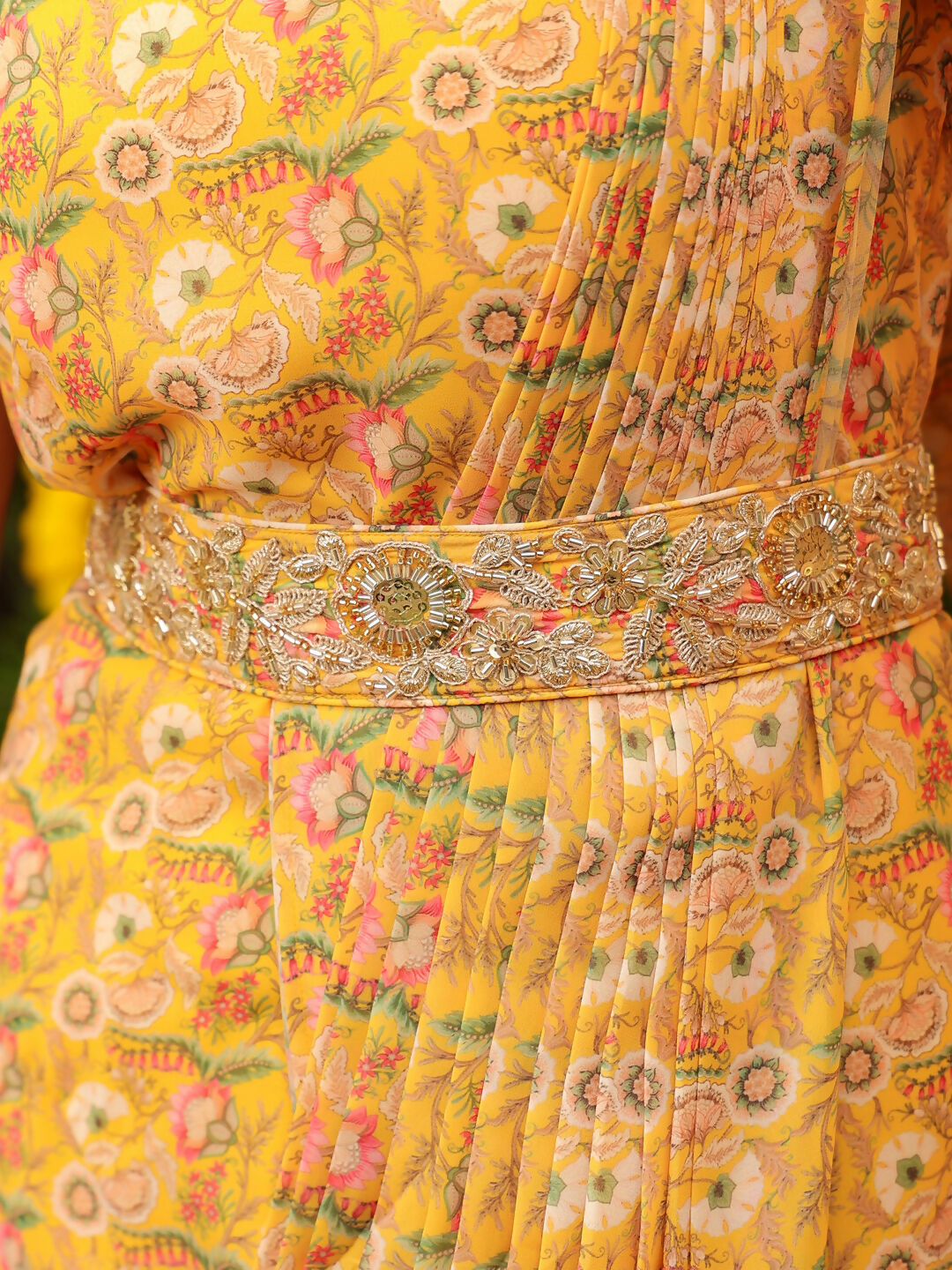 Janasya Mustard Georgette Floral Saree