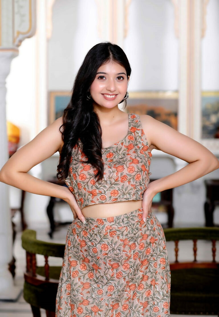 Miravan Women's Brown Floral Printed Crop Top And Skirt Co-Ord Set