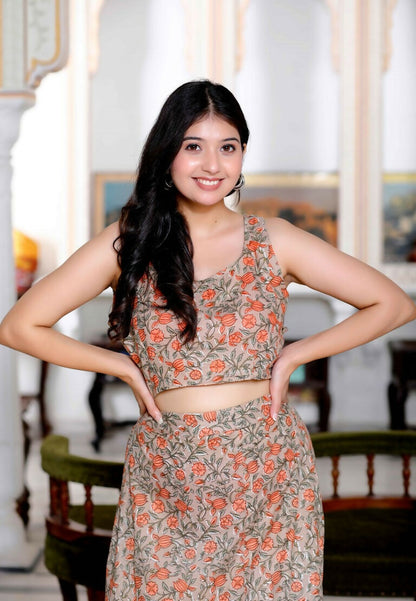 Miravan Women's Brown Floral Printed Crop Top And Skirt Co-Ord Set
