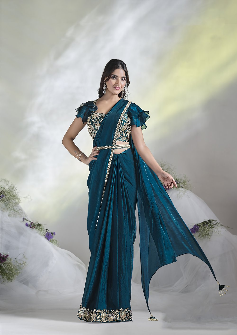 Teal Blue Two Tone Satin Silk Designer Ready to wear saree with stithced Blouse - Mohmanthan Aura