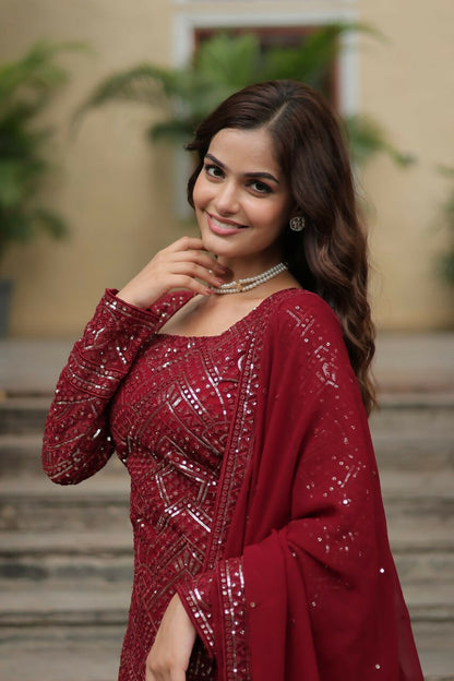 Vastranavya Premium Designer Heavy Sequins & Thread Embroidered work Top Sharara & Dupatta - Maroon