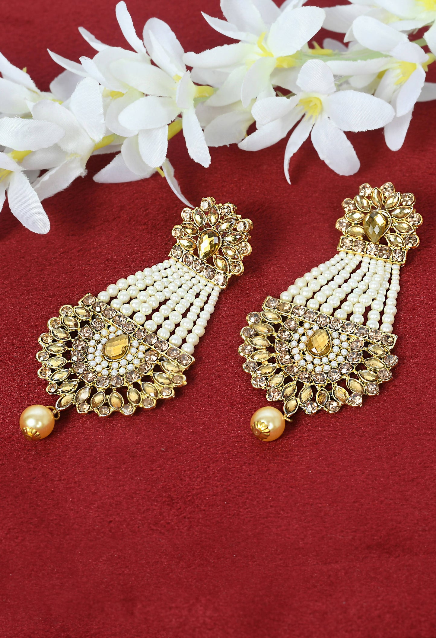 Mominos Fashion Johar Kamal Earrings With Kundan & Pearls Work