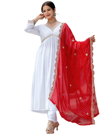 The52 White Women's Gorgeous Embroidered Chanderi Fabric Straight Kurta, Pant and Dupatta Set