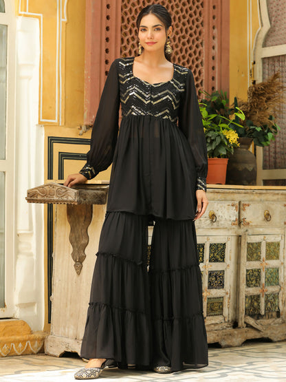Janasya Black Georgette Sequined Tunic & Bottom