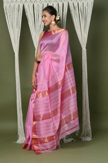 Very Much Indian Handloom Cotton Silk Maheshwari Saree With Sleek Golden Border - Rose Pink