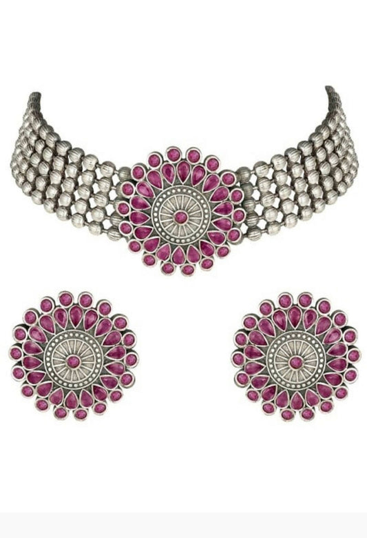 Mominos Fashion Johar Kamal Oxidised Silver-Plated Brass Finish Kundan Choker For Women (Pink)