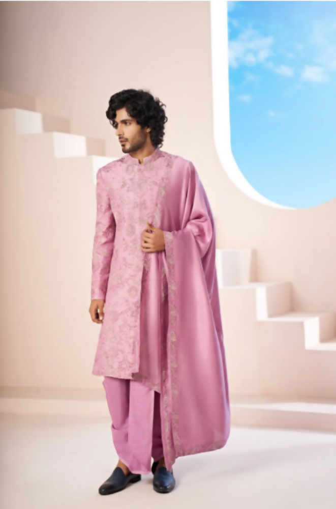Majestic Orchid Falling Raw Silk Sherwani Set With Intricate Embroidery And Draped Dupatta by Hilo Design
