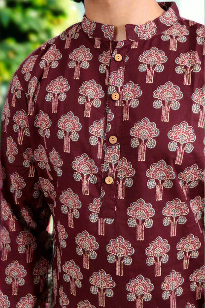 Souchii Men Burgundy Pure Cotton Ethnic Motif Printed Straight Kurta
