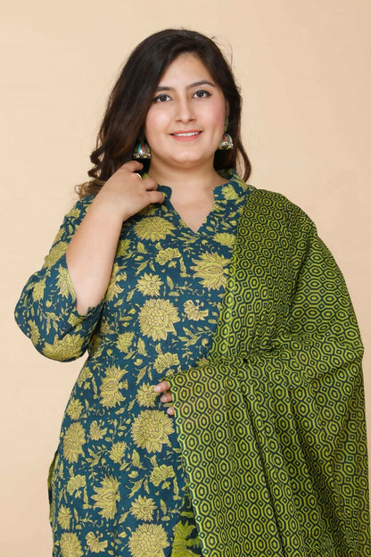 Miravan Women's Plus Size Green Floral Printed Cotton Kurta With Sharara & Dupatta Set