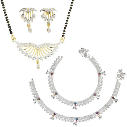 AanyaCentric Gold-Polished Mangalsutra Pendant Earring Set & Silver Plated Anklet