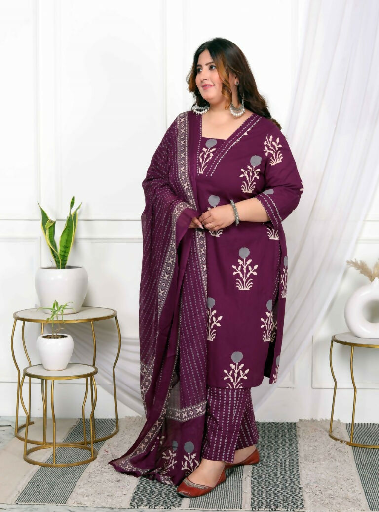 Miravan Women's Plus Size Cotton Fabric Purple Color Kurta With Palazzo And Dupatta