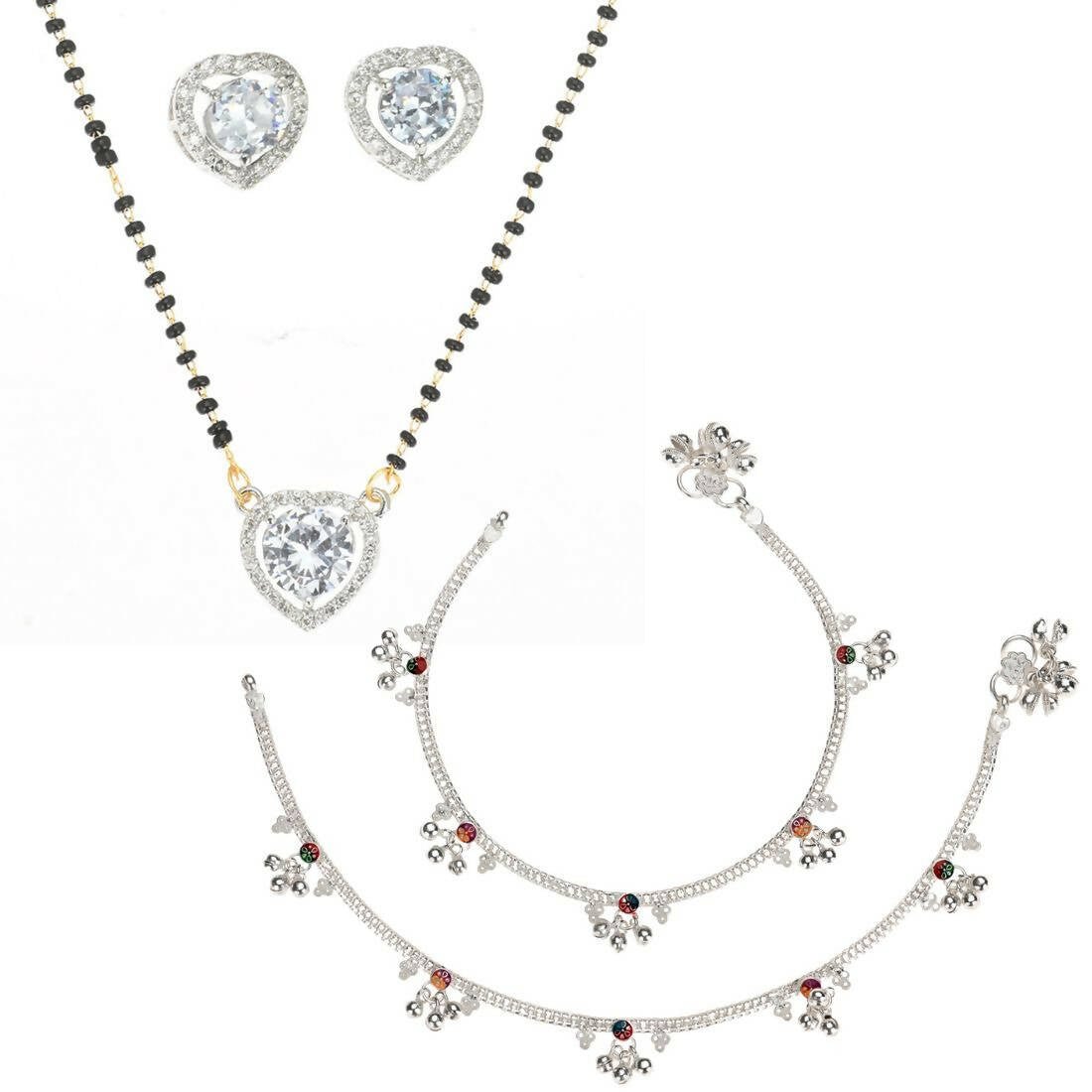 AanyaCentric Gold-Polished Mangalsutra Pendant Earring Set & Silver Plated Anklet