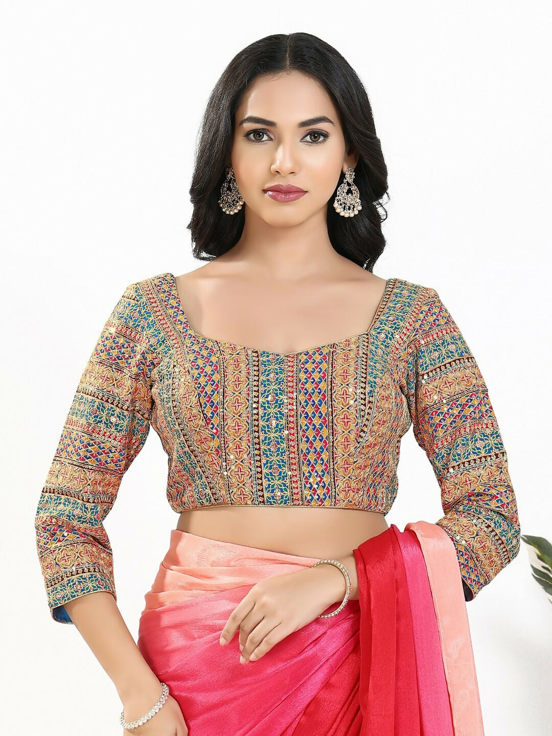 Joban Fashion Blue Multi Silk Padded Blouse With Sweetheart Neck 3/4 Sleeves