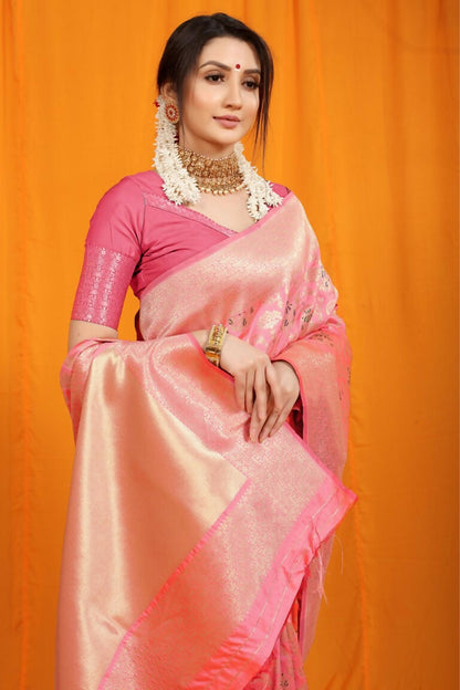Jyoti Fashion Women's Pink Kanjivaram Silk Zari Woven Saree with Blouse