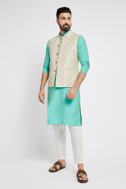 Ethnic India Light Blue Bundi Men's Jacket Abstract Polyester